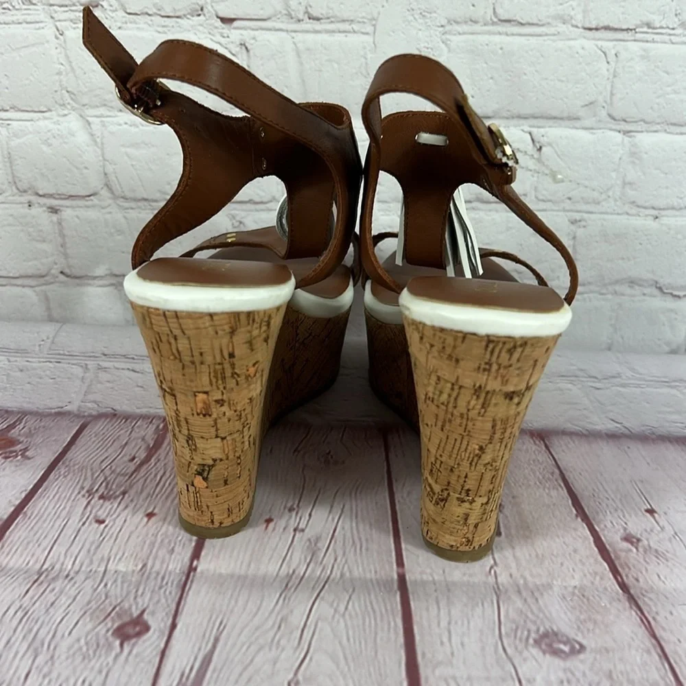 G.I.L.I. Kate Cognac Brown Leather Tassel Wedge Cork Platform Sandal Size 10